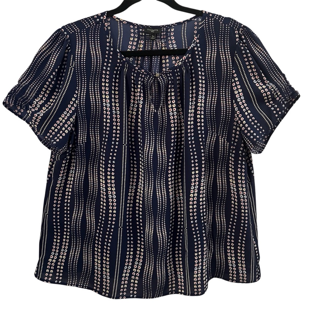 TALBOTS TOP, Sz PXL, Navy Floral Pattern Short Sleeve Top w/ Keyhole Neckline.